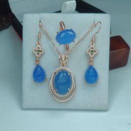 Conjuntos de trajes azules S925 S925 CALCEDONIA DE ICE PLATA Pedra plateada Dama dulce AGATE Anillo de agua Pendientes de piedra preciosa redonda