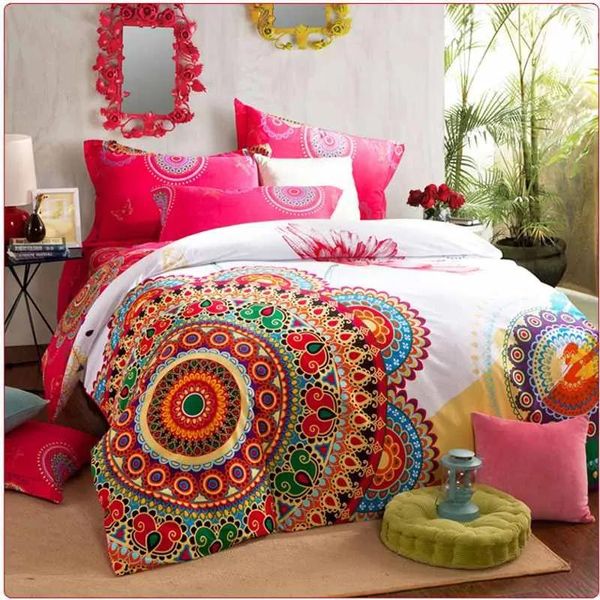 Juegos de ropa de cama boho, ropa de cama tamaño queen king, juego de funda nórdica bohemia, funda de almohada de sábana, juego de cama de 4 piezas 100% algodón