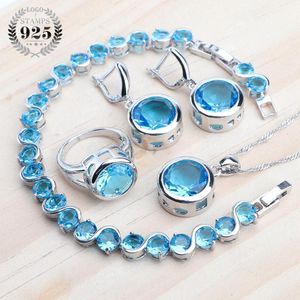 Ensembles de bijoux de mariée en Zircon bleu pour femmes, en argent 925, bijoux de mariage, breloques, bagues, Bracelets, boucles d'oreilles, pendentif, collier