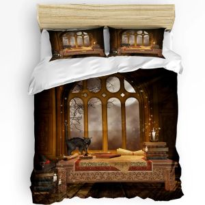 Sets kasteel raam bureau maan kattenboek heksenkamer dekbedovertrek 3 stcs beddengoed set home textiel quilt cover kussencases geen blad