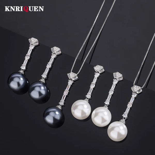 Sets Charms 14 mm Blanco Black Pearl Tassel Collar Collar Pendientes colgantes para mujeres Cóctel Party Fine Jewelry Set Accessorios