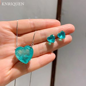 Sets Charms Bruiloft Sieraden Sets voor Vriendin Vintage Blauwe Paraiba Toermalijn Hart Oceaan Ster Hanger Ketting Oorbellen Verklaring