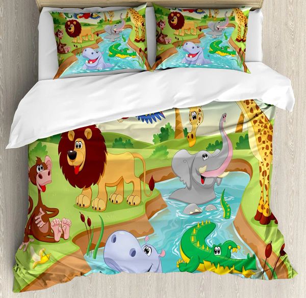Ensemble d'enfants Ensemble de literie pour lit de chambre à coucher Maison Cartonnière Safari Afriquez nageur dans la couette de couette de couette et taie d'oreiller