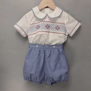 Ensembles Enfants Boutique Vêtements Garçon Fait Main Smocké Brodé Ensemble Bleu Coton Manches Courtes BABI Anniversaire Eid Robe Baptême