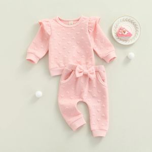 Ensemble Citgeett Spring Valentin's Kids Girls Suit Set Set Couleur Solide Top à volants à manches longues + pantalon Bowknot Cloths d'automne 024m