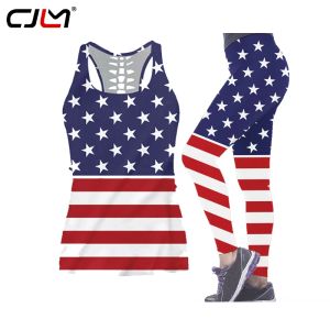 Conjuntos CJLM diseño camiseta sin mangas hueca para mujer 2020 verano Sexy chaleco sin mangas chica camiseta sin mangas bandera americana conjunto de mallas de gran tamaño