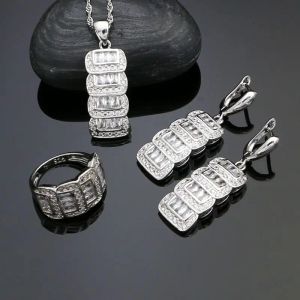 Ensembles de bijoux de mariage classiques en argent Sterling 925 pour femmes, boucles d'oreilles/bagues/pendentifs/colliers en cristal blanc