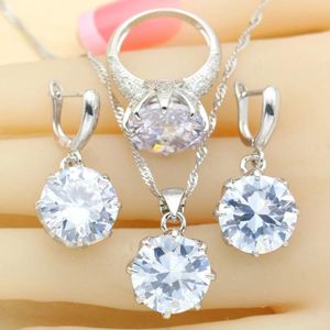 Ensembles de bijoux classiques ronds en zircone blanche pour femmes, en argent 925, collier, pendentif, boucles d'oreilles, bagues, taille américaine, boîte cadeau gratuite