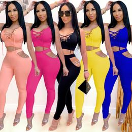 Sets cm.yaya Sport Solid Women Two -Piece Set Tracksuits; Ace Up Crop Tops Cut Out Out Tailing Legging Jogger Pant Suit Outfits Matching Set