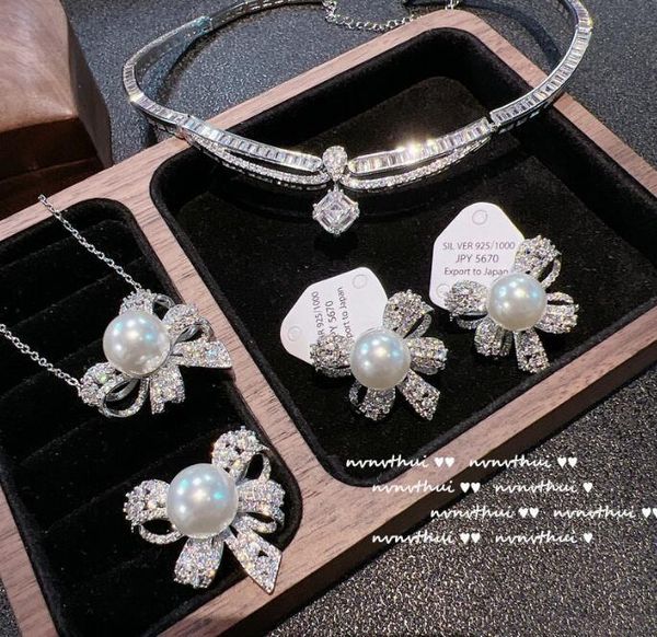 Ensembles de bijoux de couronne, collier, nœud Antique, coquille de zircone, boucles d'oreilles en perles pour femmes