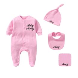 Conjuntos personalizados con nombre de bebé, niña/niño recién nacido, traje para volver a casa, ropa de regalo para Baby Shower, pelele, sombrero, Baberos y toalla, 4 Uds., trajes de algodón para recién nacidos