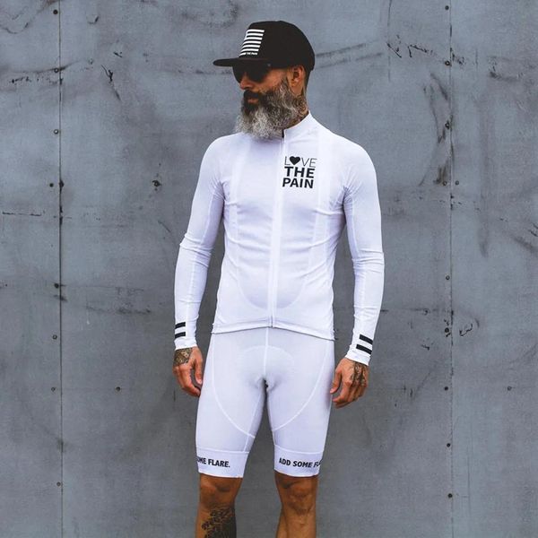 Sets Cycling Jersey Sets Love The Pain White Cycling Jersey Suit USA Ciclismo Team Clothing Camiseta para hombre Camiseta de manga larga Babero Road Bike