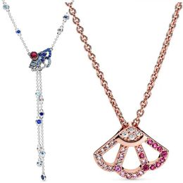 Conjuntos deslumbrantes abanicos de la suerte azul y rosa con collar de cristal Y para mujer, regalo, joyería europea, collar de plata de ley 925