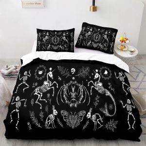 Ensemble de couverture de couette de mort de mort Queen size Gothic Skull Boho Couvre-couette en noir et blanc squelette décoratif décoratif