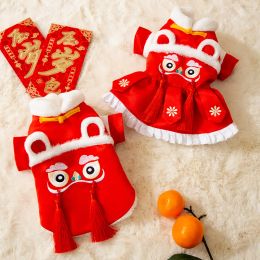 Sets honden katten Chinees Dragon Jaar Red Lion Dance Paar Kleding Pet Han Chinese kostuumjurk Pet Outdoor Warm Flanel Pet Deskled