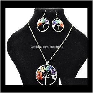 Sets Drop Levering 2021 Vrouwen Regenboog 7 Chakra Amethyst Of Life Quartz Chips Oorbellen Sieraden Set Multicolor Wijsheid Tree Natural Stone Neck