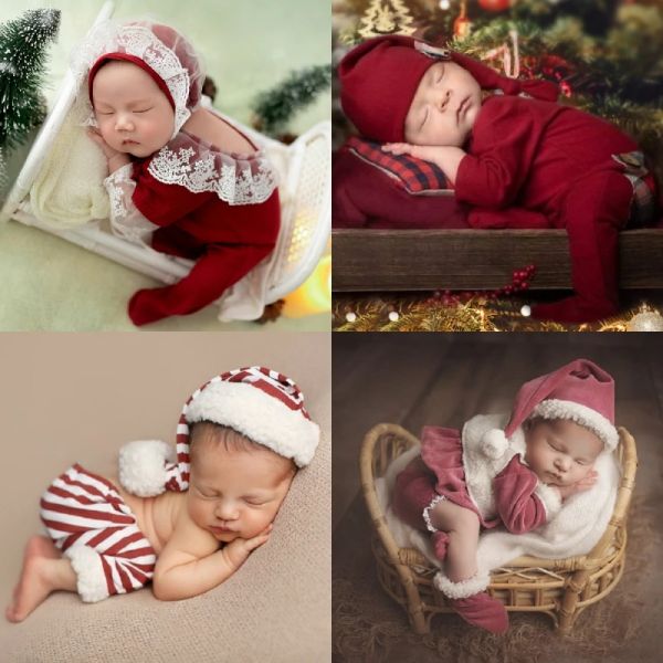 Conjuntos de accesorios de fotografía para bebés recién nacidos de Dvotinst, sombrero rojo de Papá Noel de Navidad, mameluco, 2 uds., trajes de encaje, conjunto de accesorios para fotografía de estudio