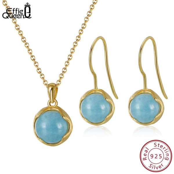 Sets Effie Queen Gorgeous Natural Blue Blue Aquamarine Gemstone 14K Gold plaqué 925 Collier en argent sterling / boucles d'oreilles bijoux SSGM10