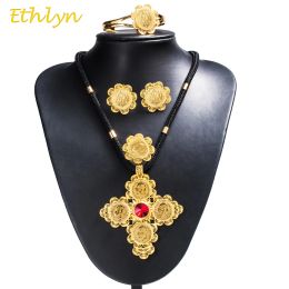 Sets Ethlyn 2017 Diy Black Rope Chain Stone Cross Coins Coins Ethiopian Women Jewelry Ensembles Gold Color African Bridal Romantic Jewelry S66