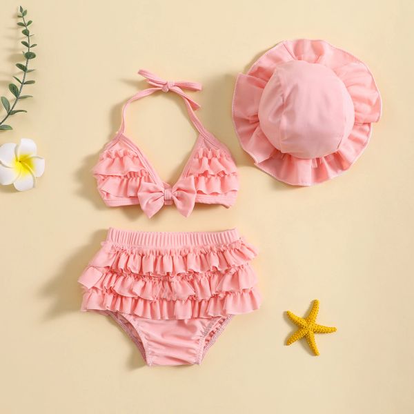 Ensembles EWODOS Enfant en bas âge bébé filles maillot de bain d'été ensemble de bikini jolis bébés licou cou hauts + short à volants superposés + ensemble de maillot de bain chapeau