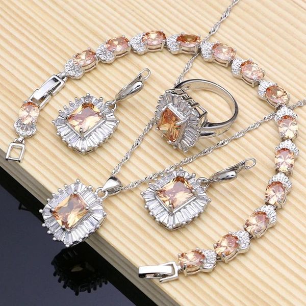 Ensembles exquis femmes argent 925 ensemble de bijoux Champagne topaze blanc CZ bijoux boucle d'oreille/pendentif/collier/bague/Bracelet livraison directe