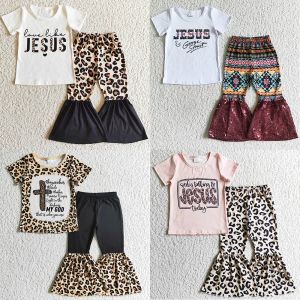 Définit des vêtements pour bébé de la mode Toddler tenues Boutique Kids Vêtements Girls Leopard Bell Bottoms Set Star 4 juillet Vêtements Girls