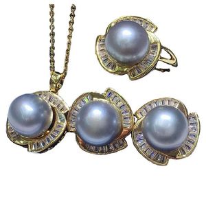 Ensembles de collier pendentif en perles de mode 89mm, ensemble de bijoux en perles grises revêtues d'or à grosses particules