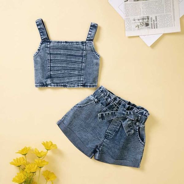 Conjuntos de moda de verano para niñas pequeñas, conjunto de ropa, camisetas sin mangas plisadas para bebés, pantalones cortos de mezclilla de pierna ancha con pretina, ropa