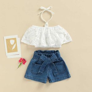 Sets Fashion Summer Toddlers Girls Outfits Pak vaste kant haakhalter halter nek t -shirtwaist riem denim shorts pc's kleding set
