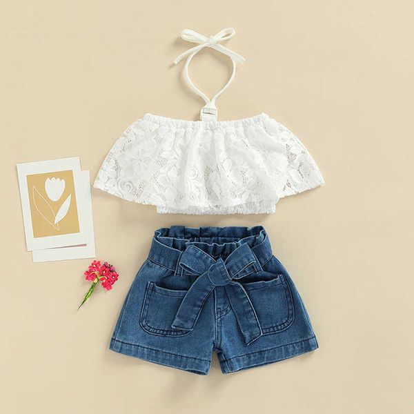 Ensembles mode été tout-petits filles tenues costume solide dentelle Crochet licou cou t-shirt taille ceinture Denim Shorts PCS ensemble de vêtements