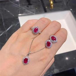 Sets Mode Dames Sier Sieraden Set Geometrisch Lab Ruby Red Zirkoon Elegante Retro Party Sieraden Bruiloft Accessorie