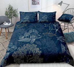 Stelt vissen en algenbeddenset oceaan dekbedovertrek set koningin king zee quilt cover kussensloop kussensloop marineblauwe bedgoten slaapkamer decor