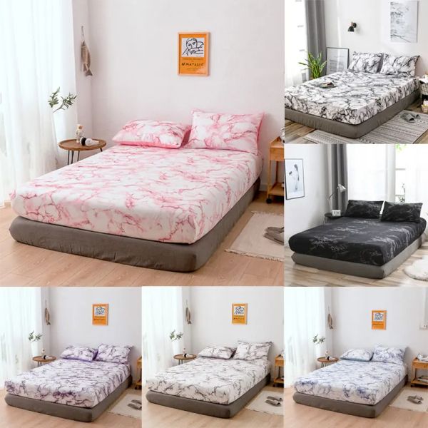 Sets Juego de sábana ajustada con 2 funda de almohada King Tamaño de mármol Matches de ropa de cama cubierta Micro fibra poliéster simple doble reina doble