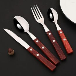 Sets Flatware Juego de 4/8/16/24 piezas Manejo de madera Highend Many Cutlery Set 18/10 Cuchada de cuchilla de plata de acero inoxidable Spoon H