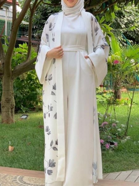 Sets Bloemenprint Turkse Abaya Kimono Effen Kleur Jumpsuit Rompertjes Islamitische Kleding Elegante Moslimvrouw Outfits Ramadan Eid Party