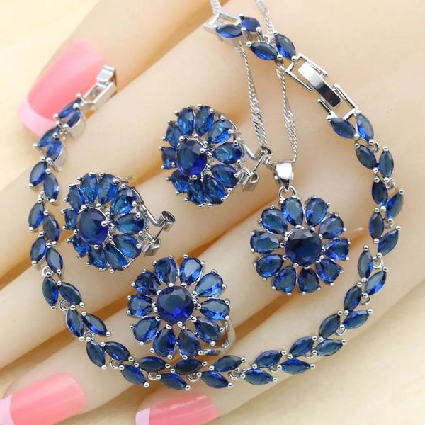 Ensembles de bijoux en argent 925 avec zircone bleue, Design floral, pour femmes, boucles d'oreilles de mariage, Bracelet, bagues, collier, pendentif, meilleur cadeau de fête