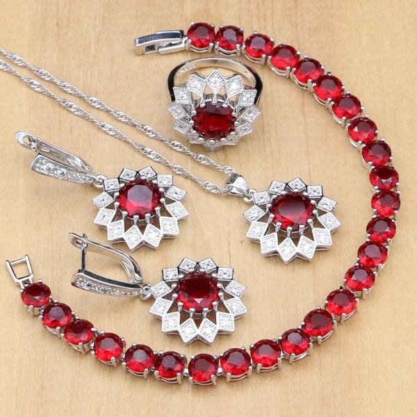 Conjuntos de joyería de plata 925 con flores, piedras rojas, juegos de joyas para mujer de cristal blanco, pendientes/colgantes/anillos/pulsera/collar