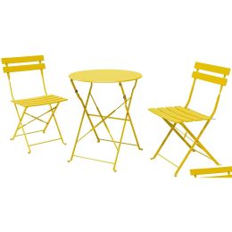 Conjuntos Juntos de jardín Sr Steel Patio Bistro Juego de muebles de exterior plegables 3 piezas de mesa y sillas plegables entrega de caída amarilla de mango Ho