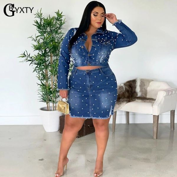 SETS GBYXTY Plus taille 5xl 2021 AUTUMNE FEMMES PERLE PERL PERLE SUILLE JEMANQUE DE DENIM CRARDED DENIM AND JOURTS 2 PIÈCES BIG TAILLE Set ZL627