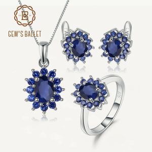 Sets GEM'S BALLET Prinses Diana Natuurlijke Blauwe Saffier Hanger Oorbellen Ring Set 925 Sterling Zilveren Ontwerp Sieraden Set voor Vrouwen