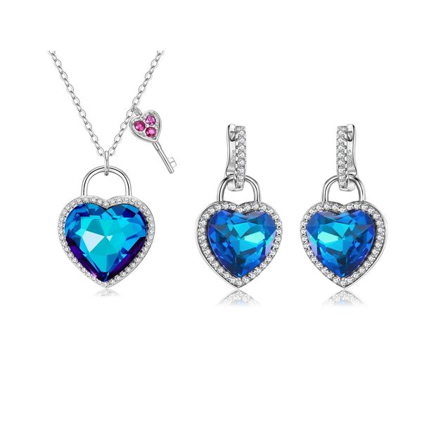 Conjuntos de pendientes de plata de ley 925 auténtica con forma de corazón de océano y azul, pendientes con cierre de llave, collares colgantes para mujer, novia y esposa