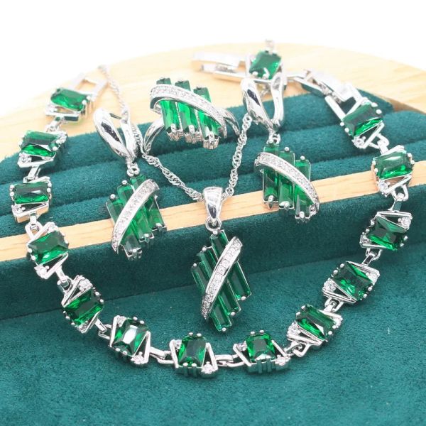 Conjuntos de joyería de plata 925 con topacio verde geométrico para mujer, pulsera de cumpleaños, pendientes, anillo, collar de boda, caja de regalo gratis de Navidad