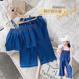 Conjuntos Niñas Traje de mezclilla Verano Nuevo Bebé Coreano Suspender Top Ocio Pantalones de pierna ancha Conjunto de dos piezas Ropa de boutique para niños