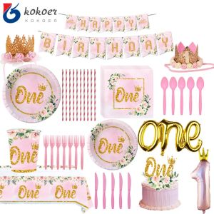 Définit les filles un premier joyeux anniversaire table jetable vaisselle rose serviette de serviette de tasse pour baby shower 1 an de fête d'anniversaire déco