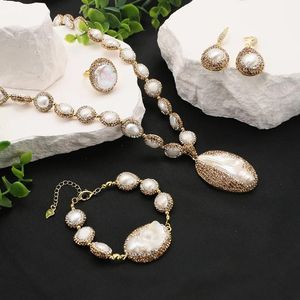 Conjuntos GLSEEVO Natural barroco en forma de perla joyería de las mujeres collar pulsera pendiente anillo conjunto de diamantes de imitación con incrustaciones de lujo accesorios de vestir