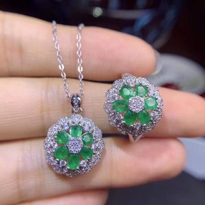 Sets prachtige damessieraden zilveren ring groen natuurlijke smaragd ring en ketting sieraden set met 925 zilveren promotieprijs