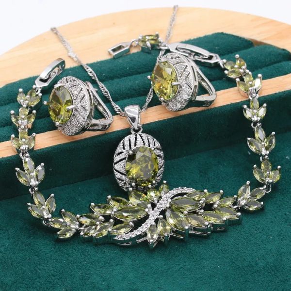 Conjuntos de peridoto verde, juegos de joyas de plata 925 para mujer, pulsera de boda, pendientes de aro, collar, colgante, caja de regalo