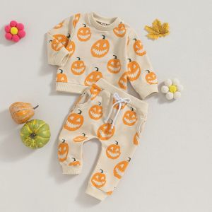 Définit les costumes d'Halloween pour bébé vêtements de citrouille imprimé à manches longues à manches longues coure-cou