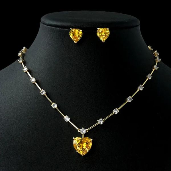 Ensembles de boucles d'oreilles en pierre de cœur rose Citrine, pierres précieuses jaunes, diamant, pendentif, collier, ensembles de bijoux de mariage pour femmes