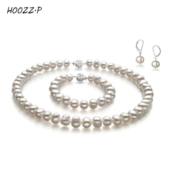 Conjuntos HOOZZ.P Conjuntos de joyas de perlas Collar de agua dulce Conjunto de pendientes y pulsera para mujer Regalo 910 mm Perla blanca y negra